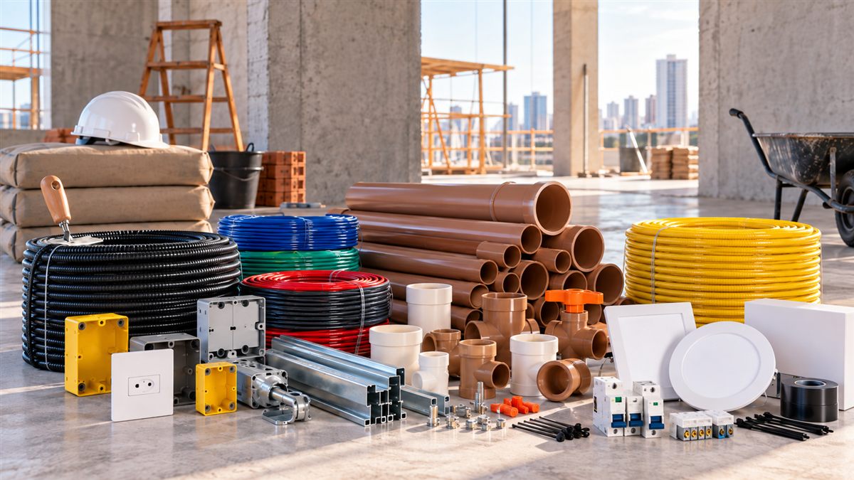 Materiais, tubulações e insumos de construção civil organizados em obra